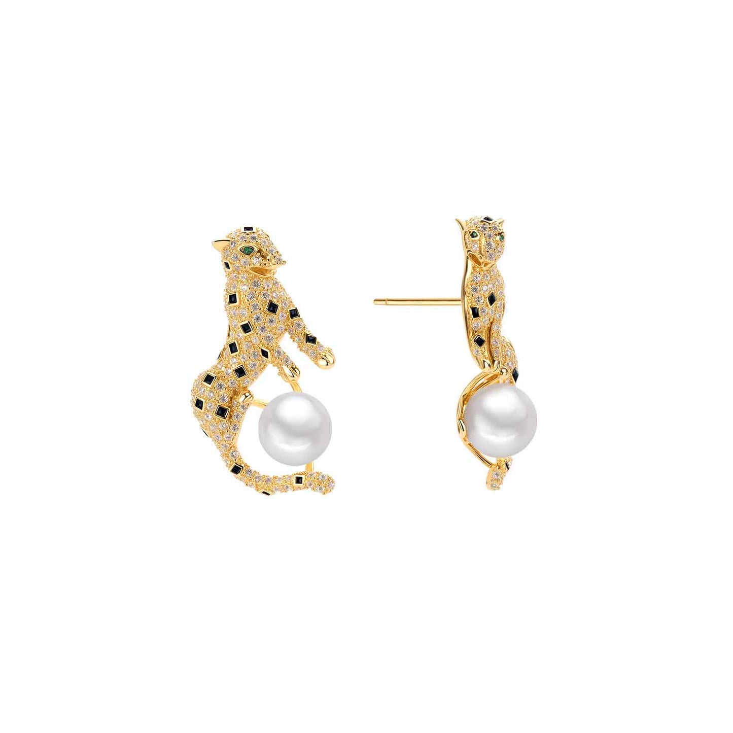 Gold Plated Sterling Silver with Green, White, Black Gemstones Leopard Set