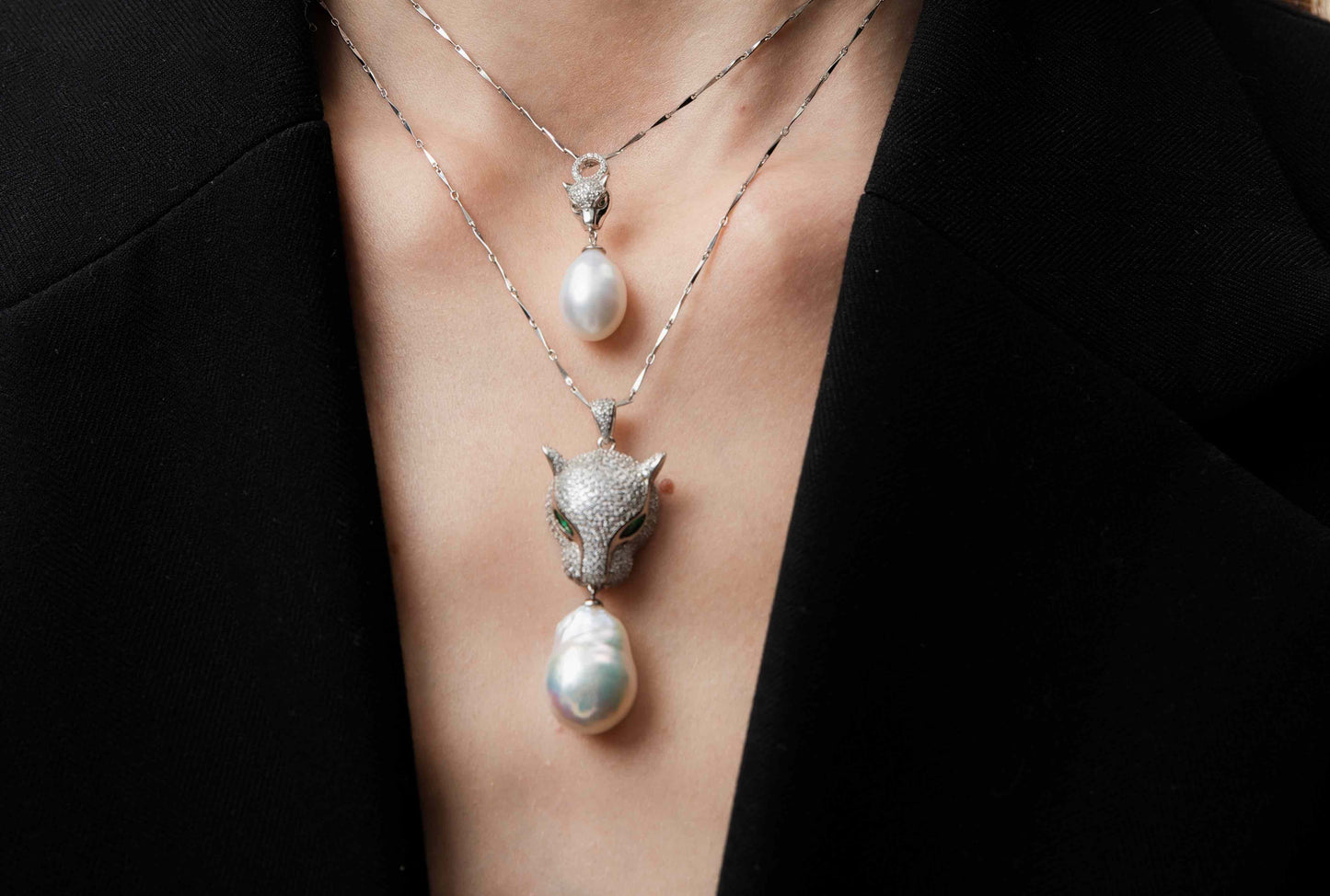 Sterling Silver with Green and White Dual-Color Gemstone Leopard Pendant