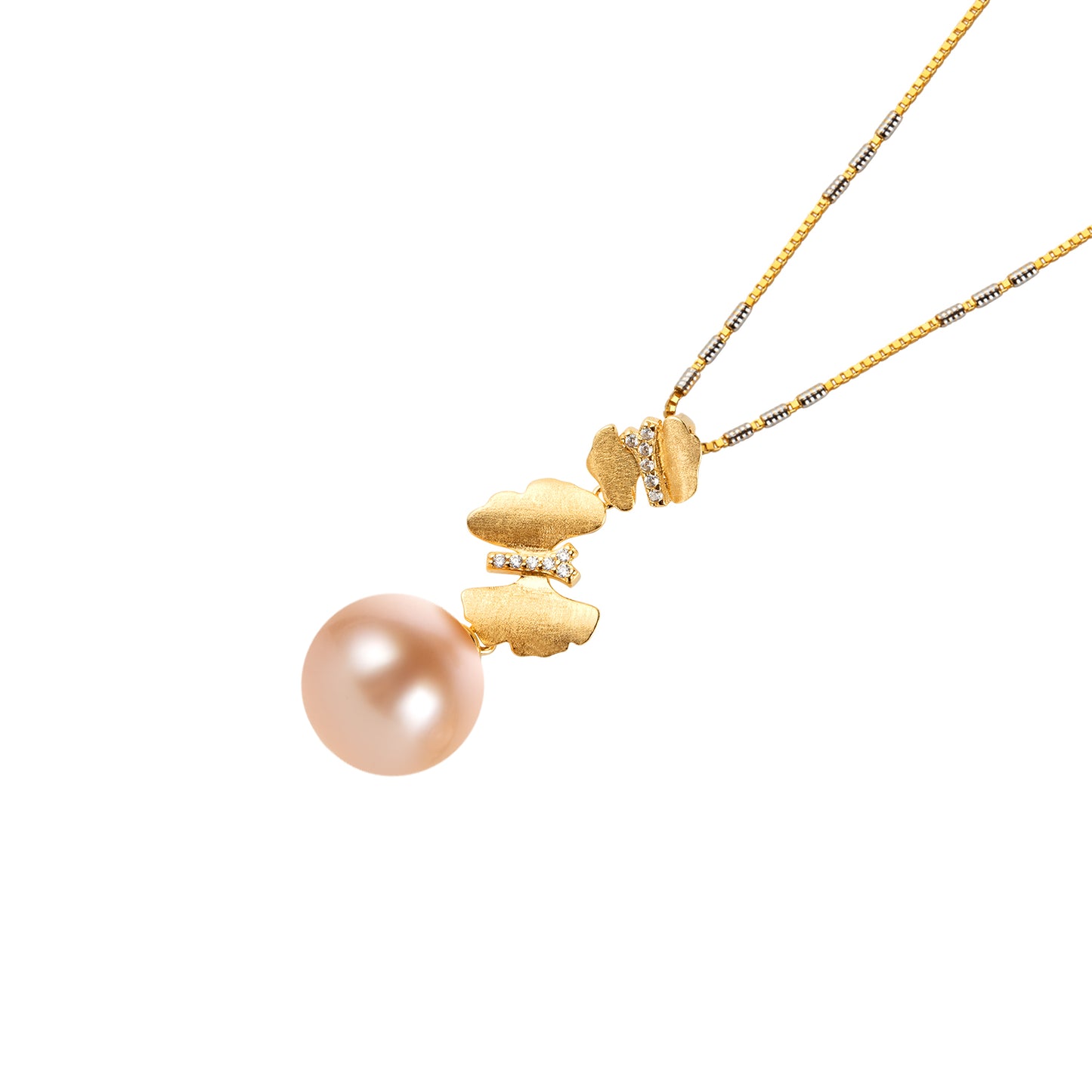 Gold butterflies necklace with a pink pearl pendant on a white background