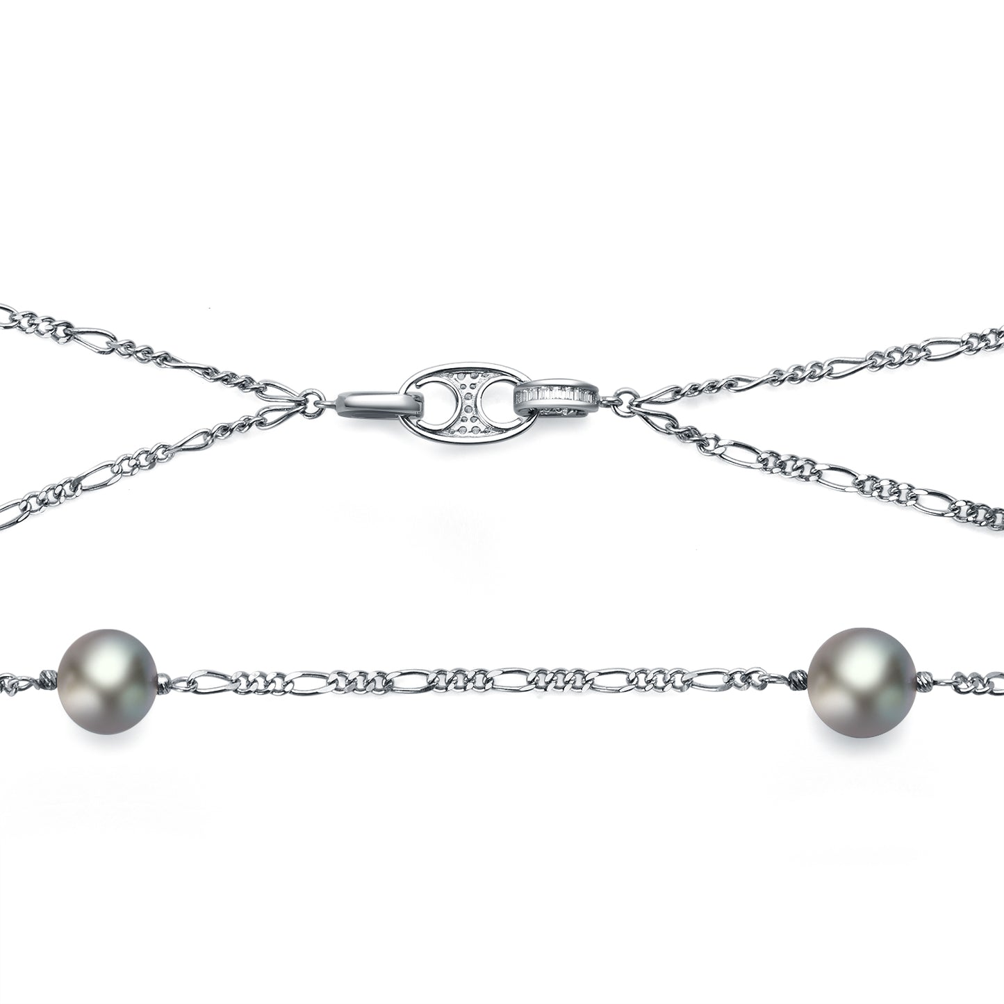 Silver necklace with pearls on a white background