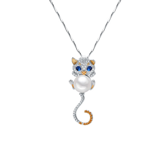 Sterling Silver with Tri-Color Gemstone Clasp Cat Pendant