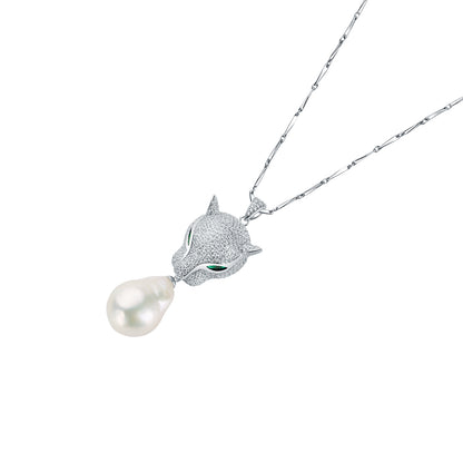 Sterling Silver with Green and White Dual-Color Gemstone Leopard Pendant