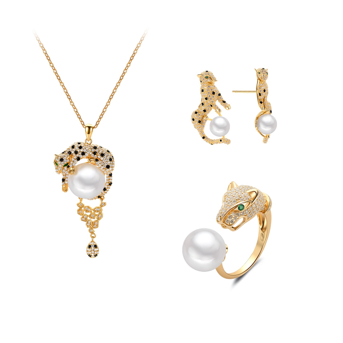 Gold Plated Sterling Silver with Green, White, Black Gemstones Leopard Set