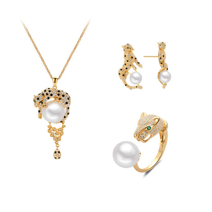 Gold Plated Sterling Silver with Green, White, Black Gemstones Leopard Set