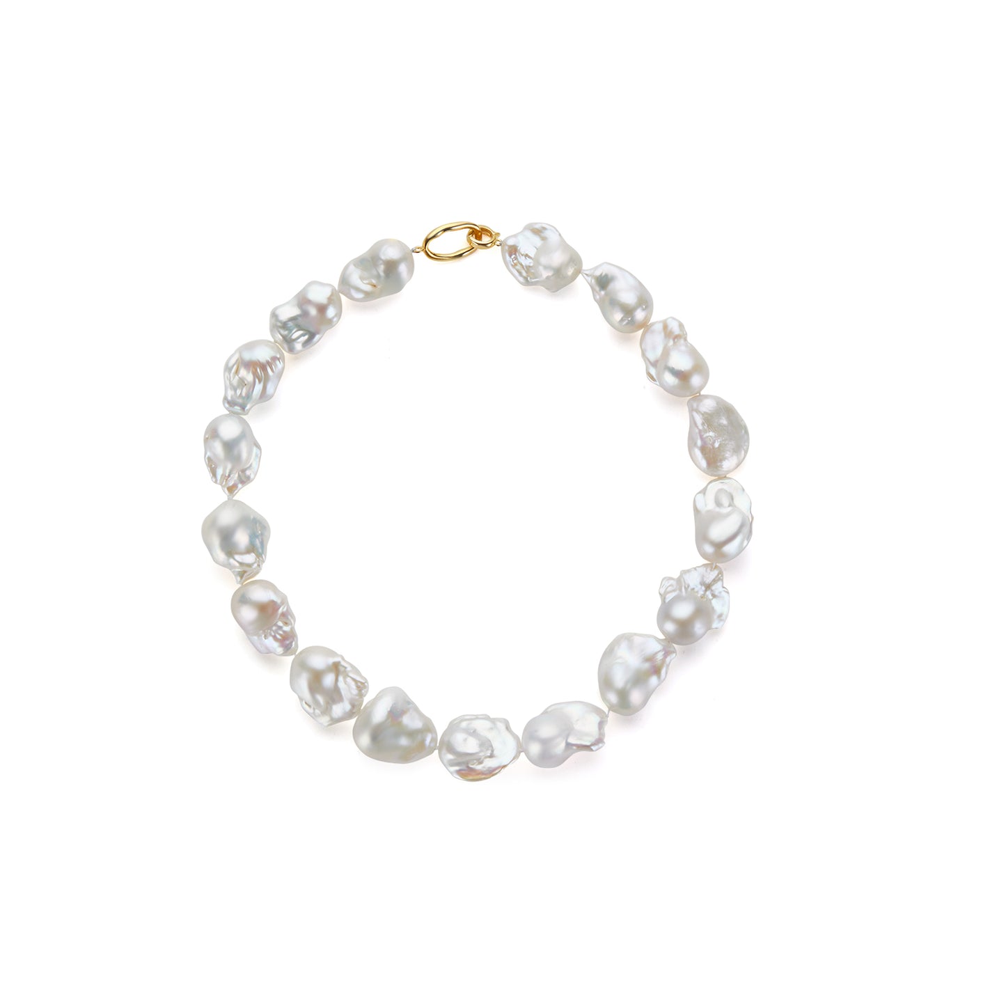 Pearl necklace with high luster and a gold clasp on a white background