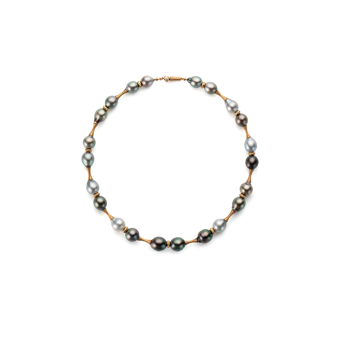 Pearl necklace with gold clasp on a white background