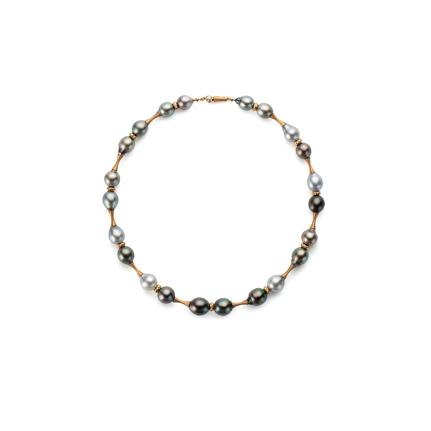 Pearl necklace with gold clasp on a white background