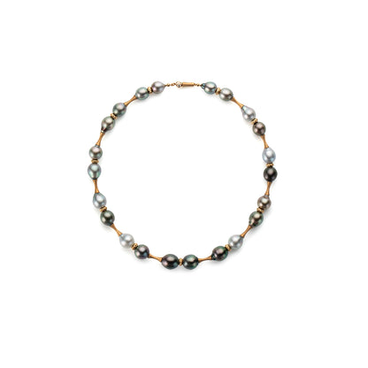 Pearl necklace with gold clasp on a white background