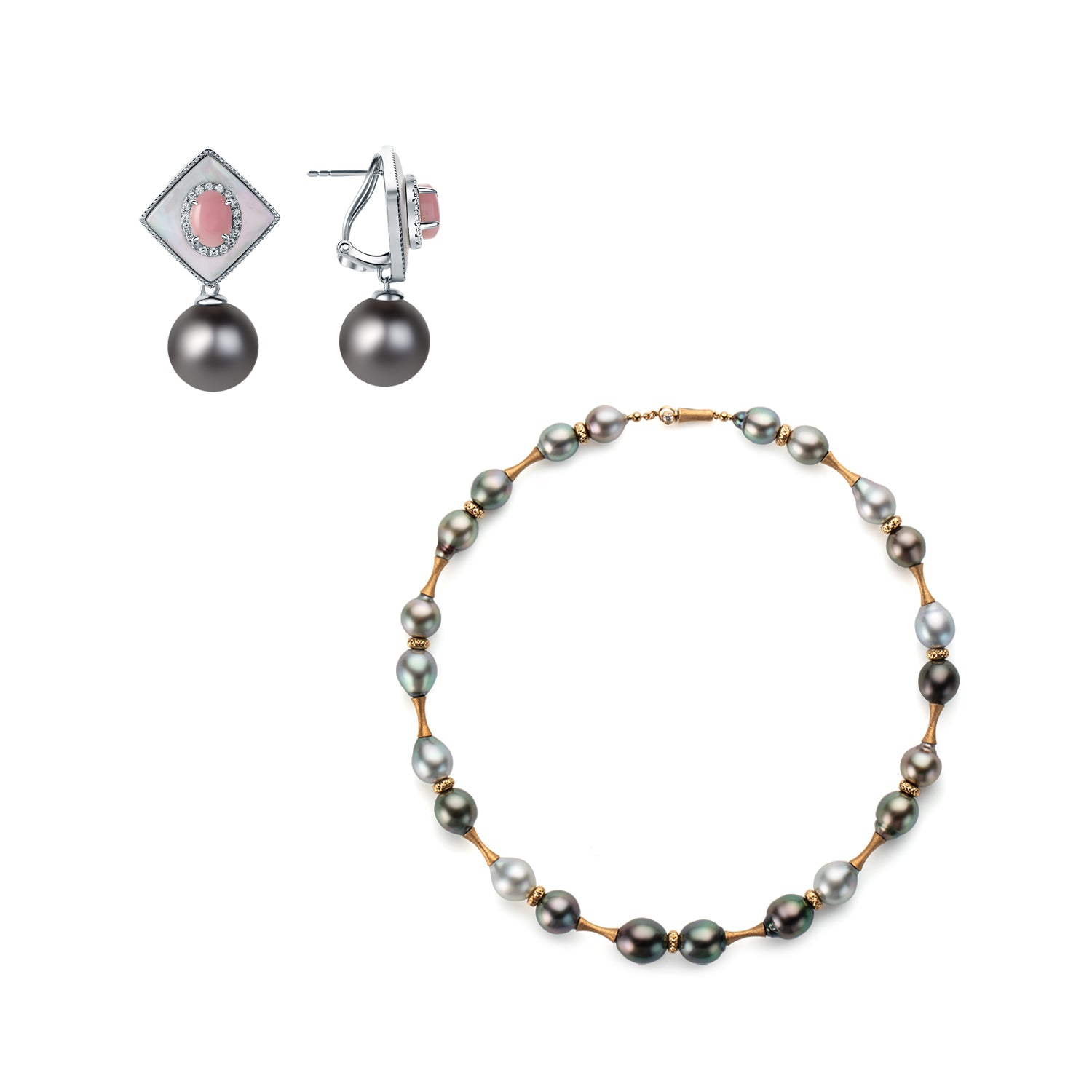 Tahitian Pearl necklace and earrings on a white background