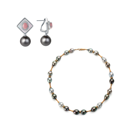 Tahitian Pearl necklace and earrings on a white background