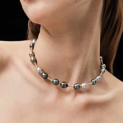 Tahitian Pearl necklace worn by a person against a dark background