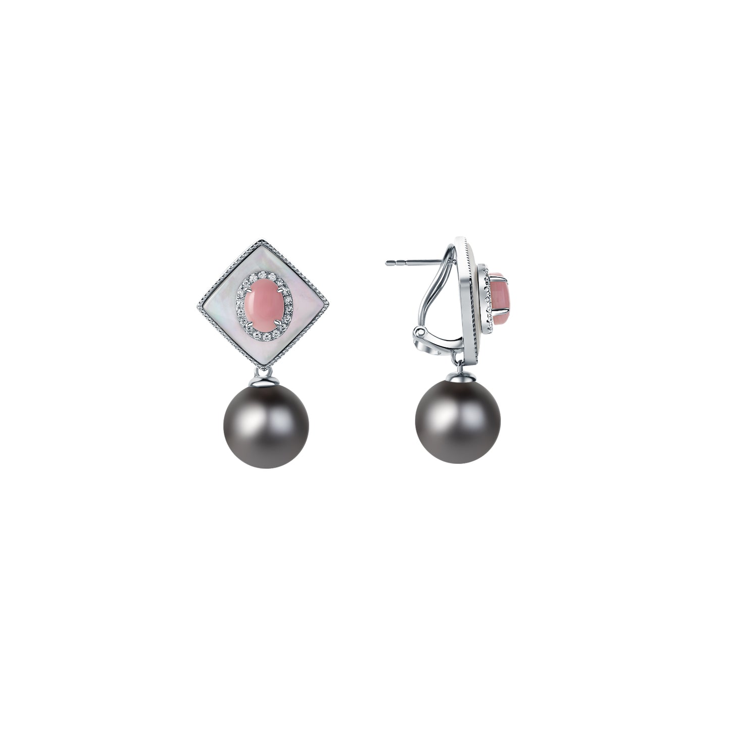 Pair of earrings with pink gemstones and gray pearls on a white background