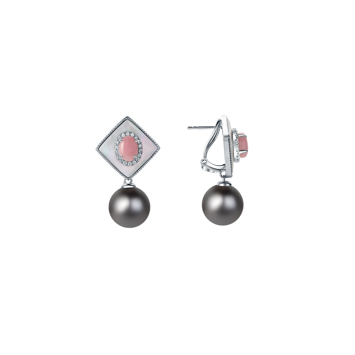 Pair of earrings with pink gemstones and gray pearls on a white background