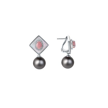Pair of earrings with pink gemstones and gray pearls on a white background
