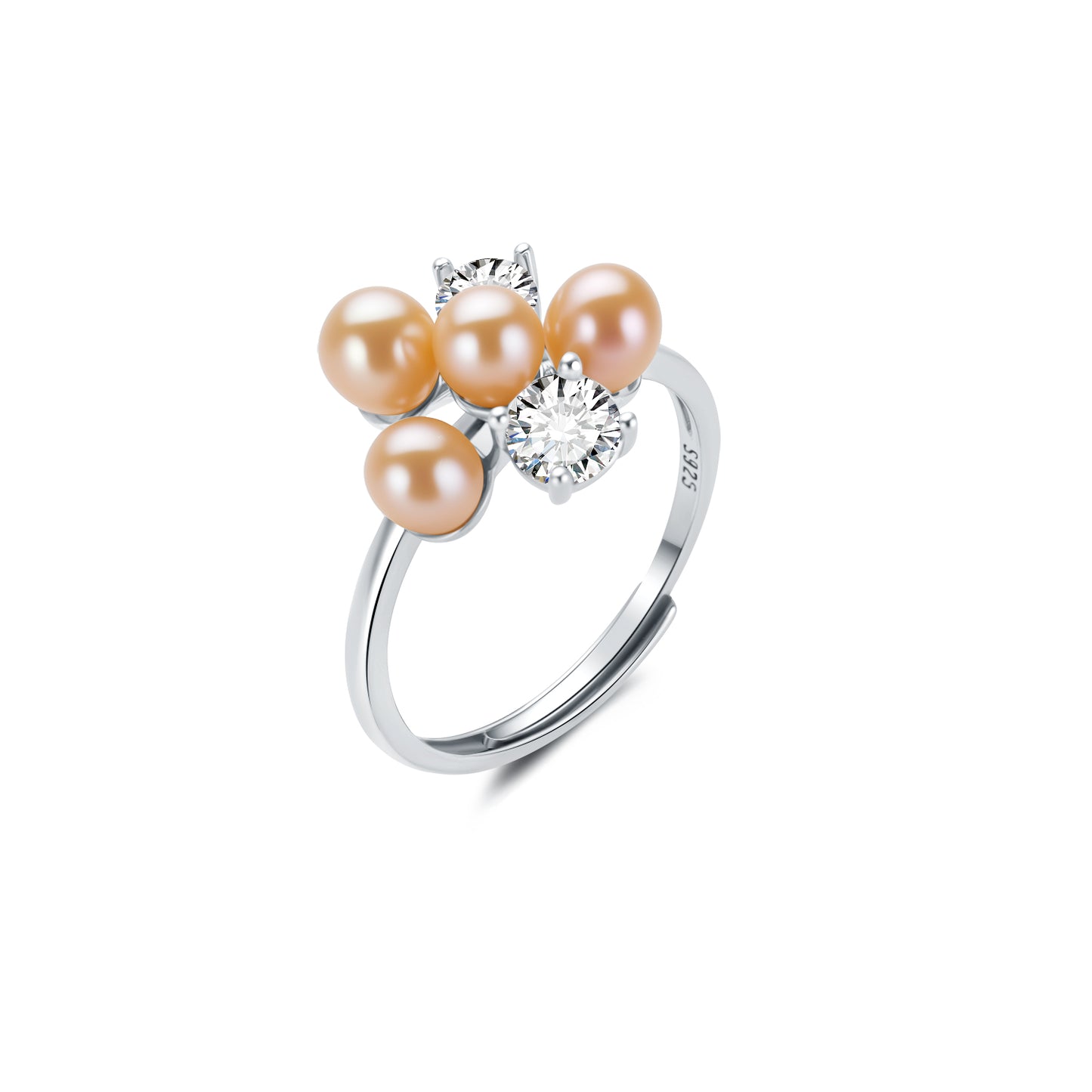 Silver ring with three pearls and a diamond on a white background