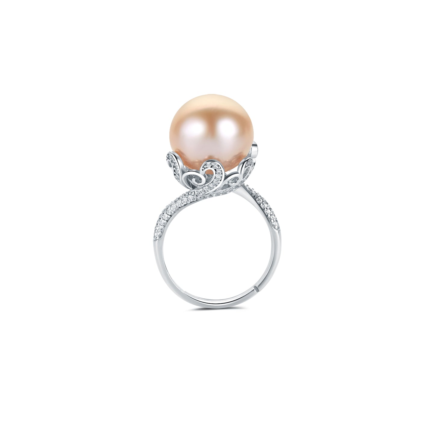 Pearl ring with silver band on a white background