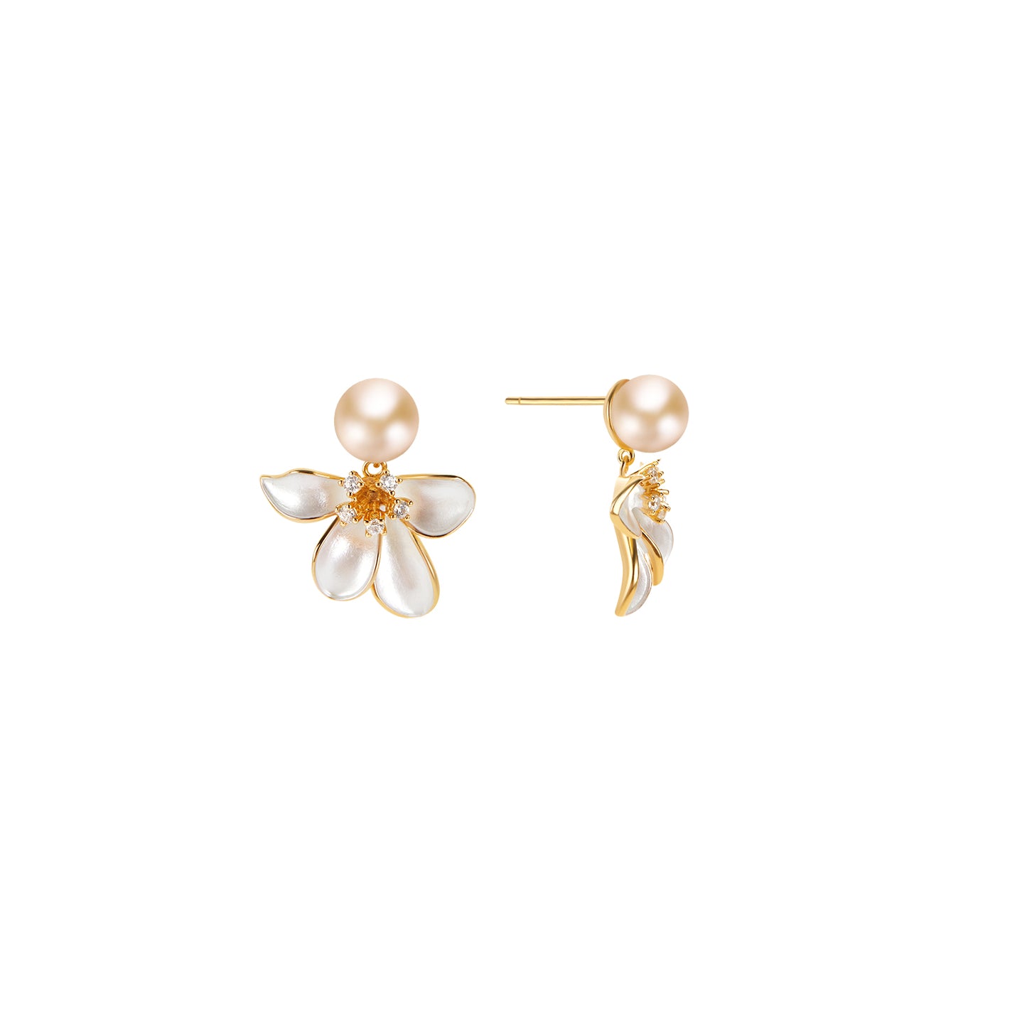 Pair of pearl earrings with gold accents on a white background
