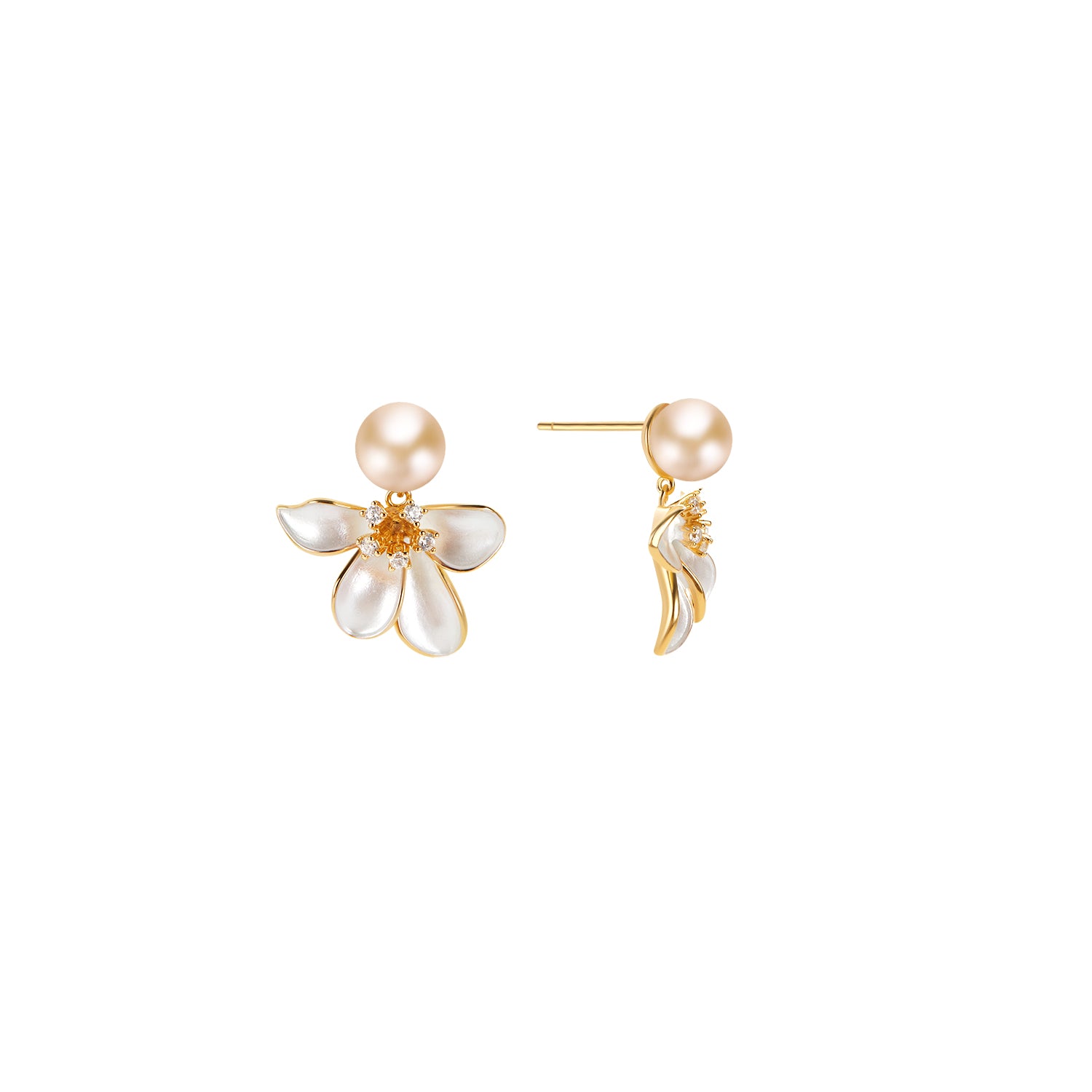 Pair of pearl earrings with gold accents on a white background