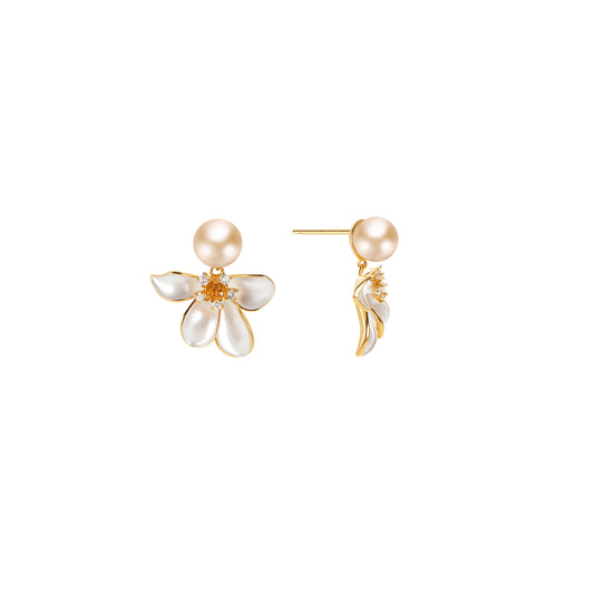 Pair of pearl earrings with gold accents on a white background