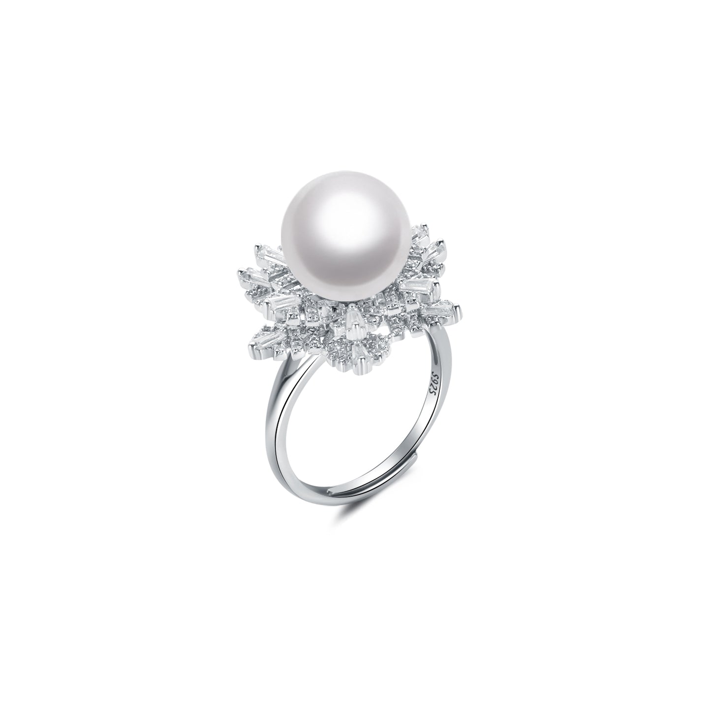 Pearl ring with gemstone accents on a white background