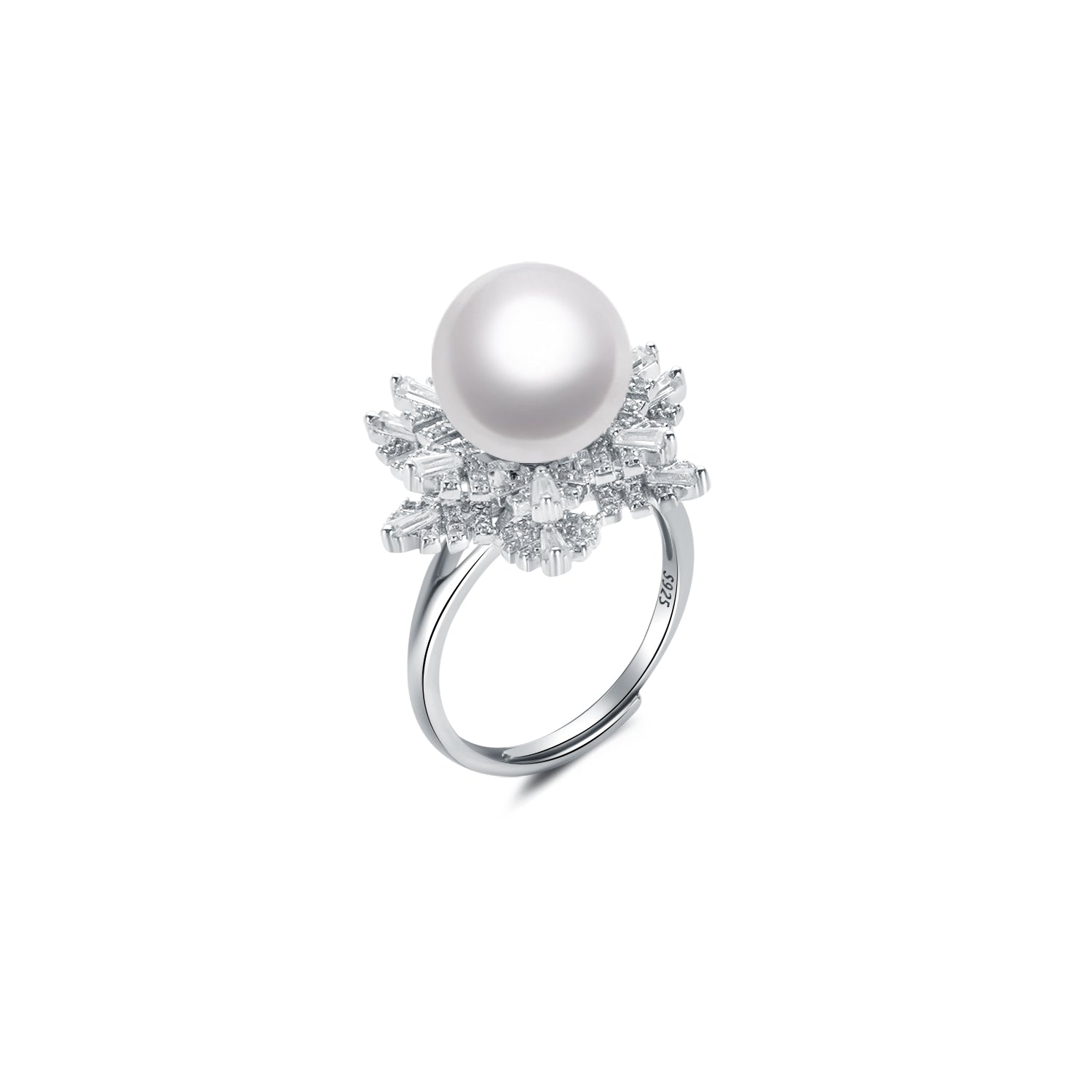 Pearl ring with gemstone accents on a white background