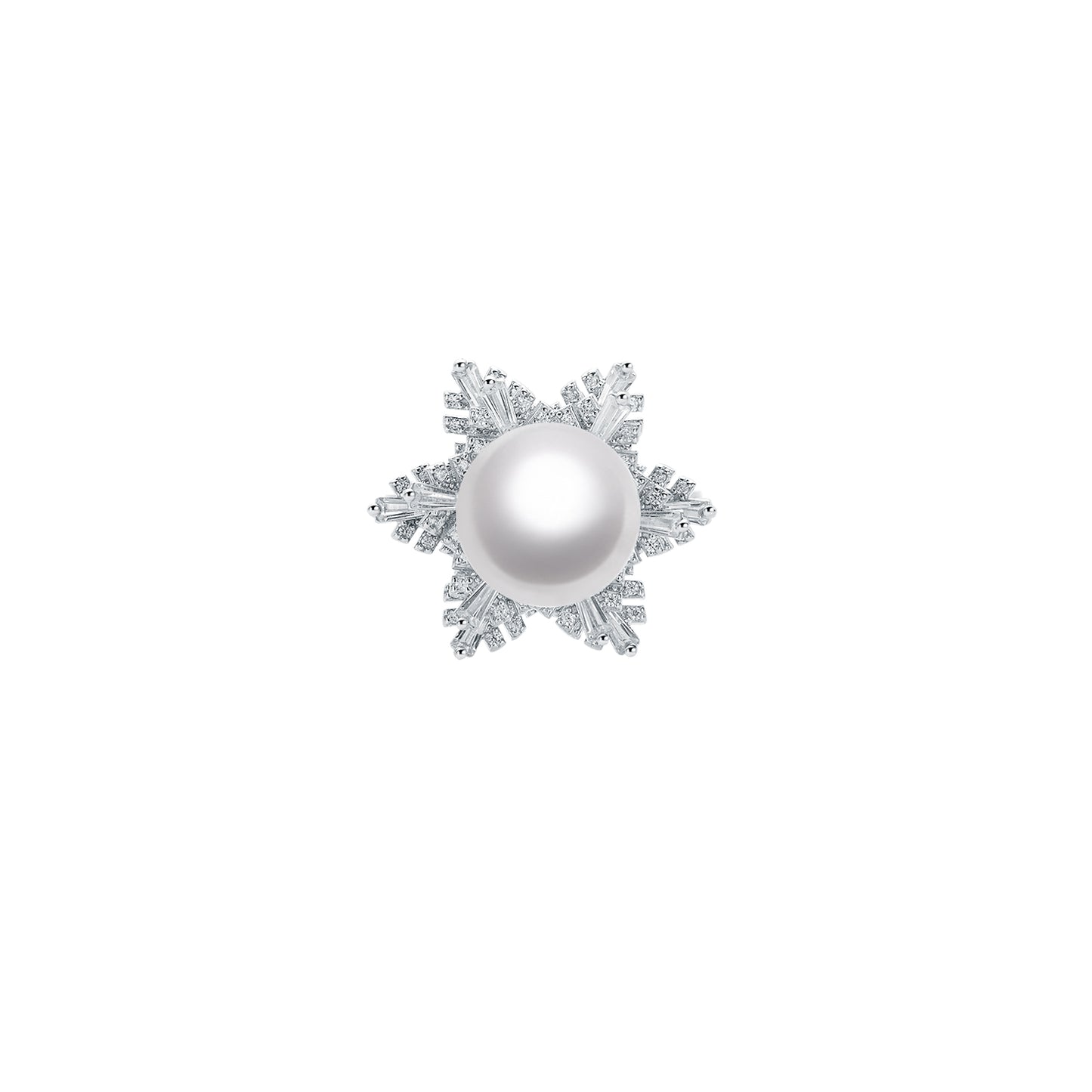 Pearl encircled by gemstone-studded silver setting on a white background