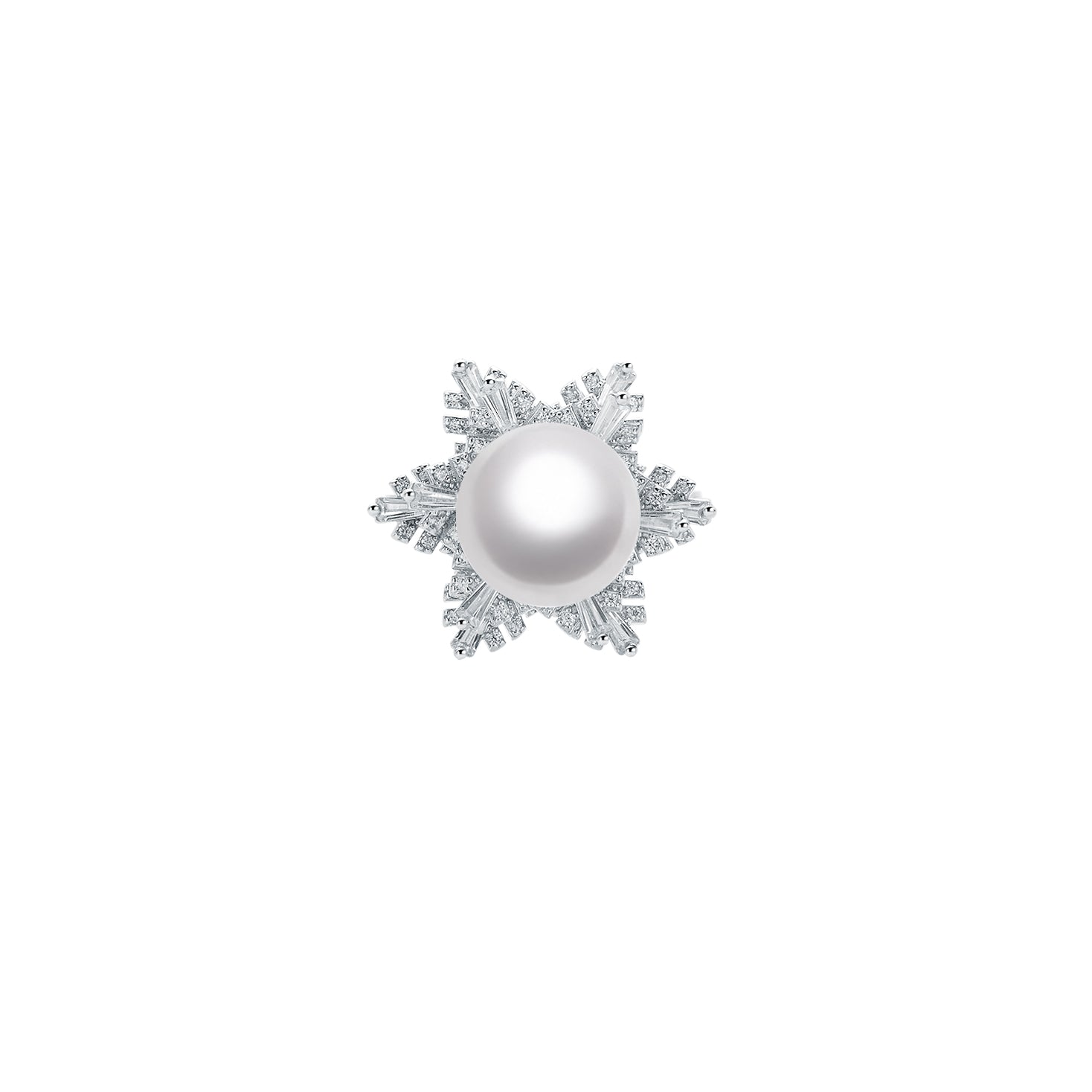 Pearl encircled by gemstone-studded silver setting on a white background