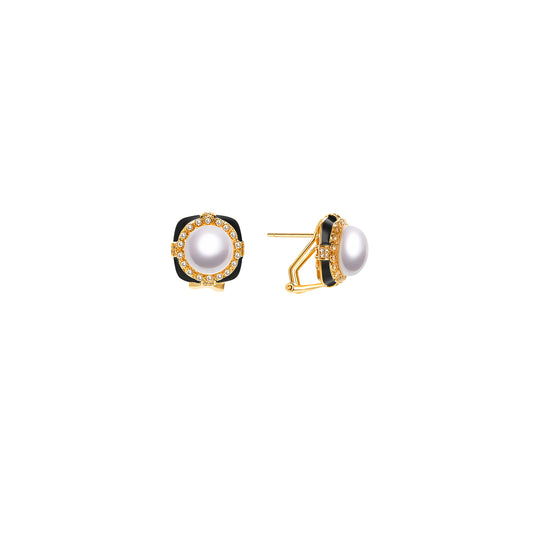 Pair of pearl earrings with gold and black accents on a white background