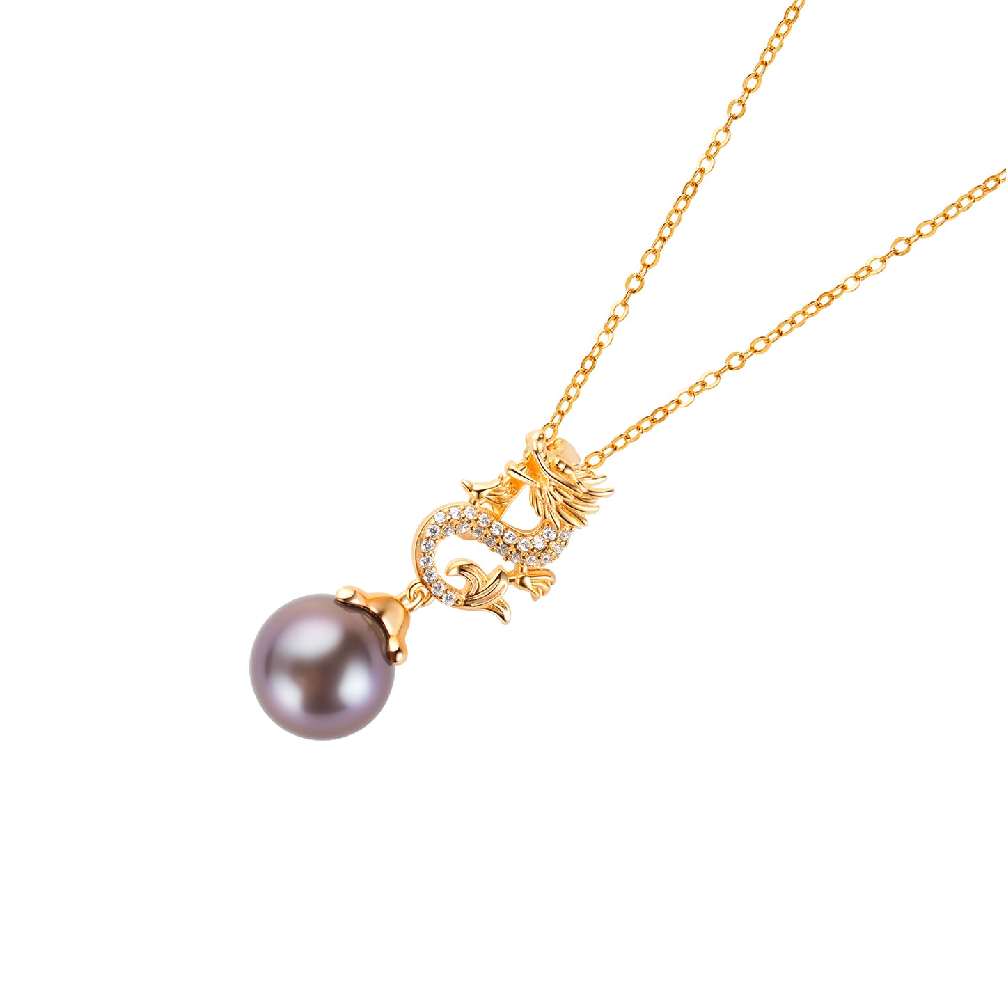 Gold dragon design necklace with a dark pearl pendant on a white background