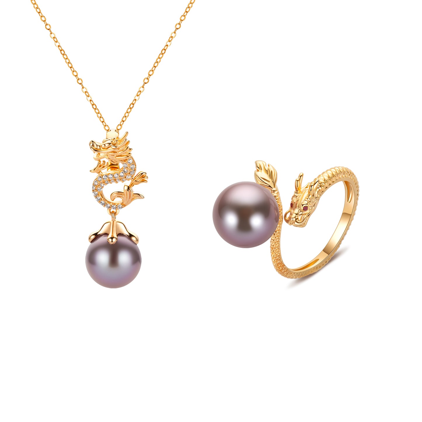 Gold necklace with dragon design and purple pearl pendant, accompanied by a matching gold ring on a white background.