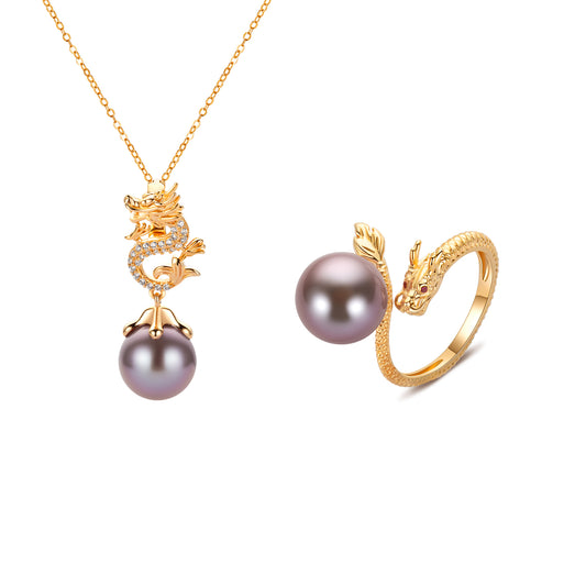 Gold necklace with dragon design and purple pearl pendant, accompanied by a matching gold ring on a white background.