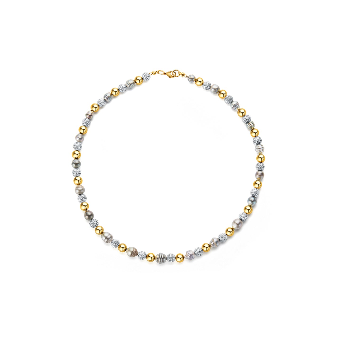 Necklace with alternating gold and silver beads on a white background