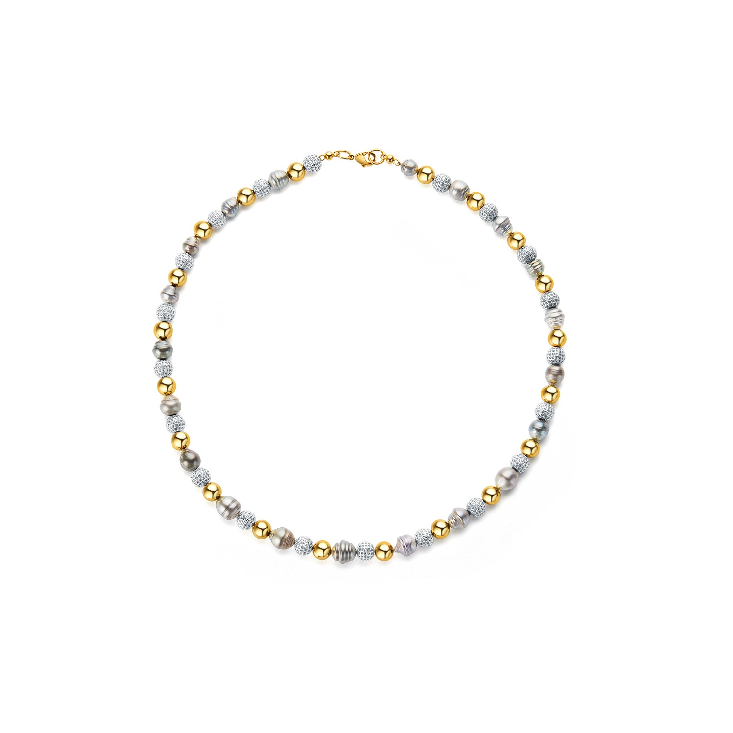 Necklace with alternating gold and silver beads on a white background