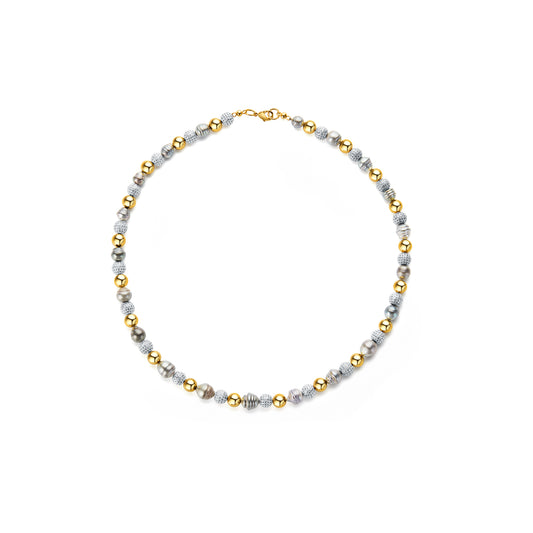 Necklace with alternating gold and silver beads on a white background