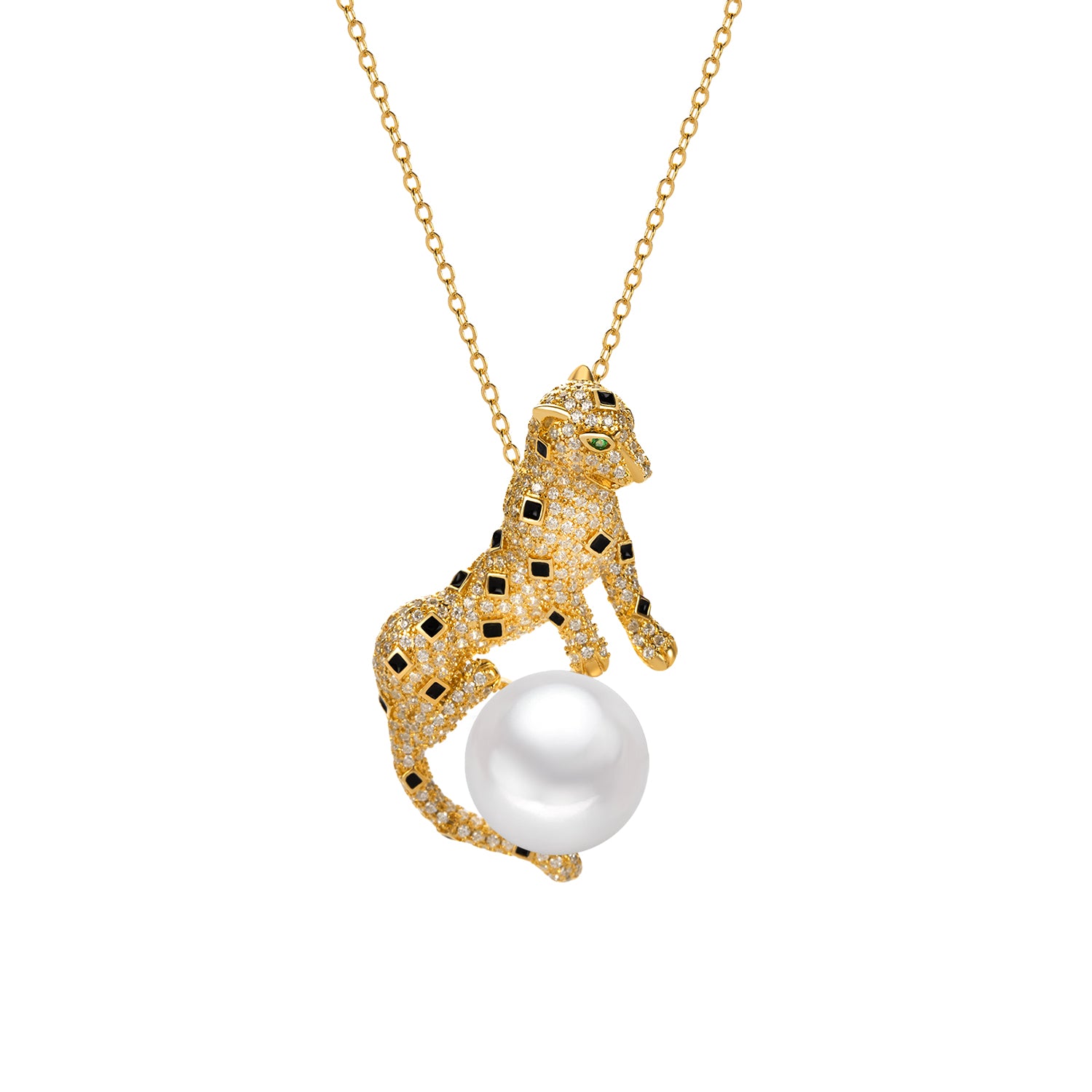 Gold leopard pendant with a pearl on a gold chain against a white background