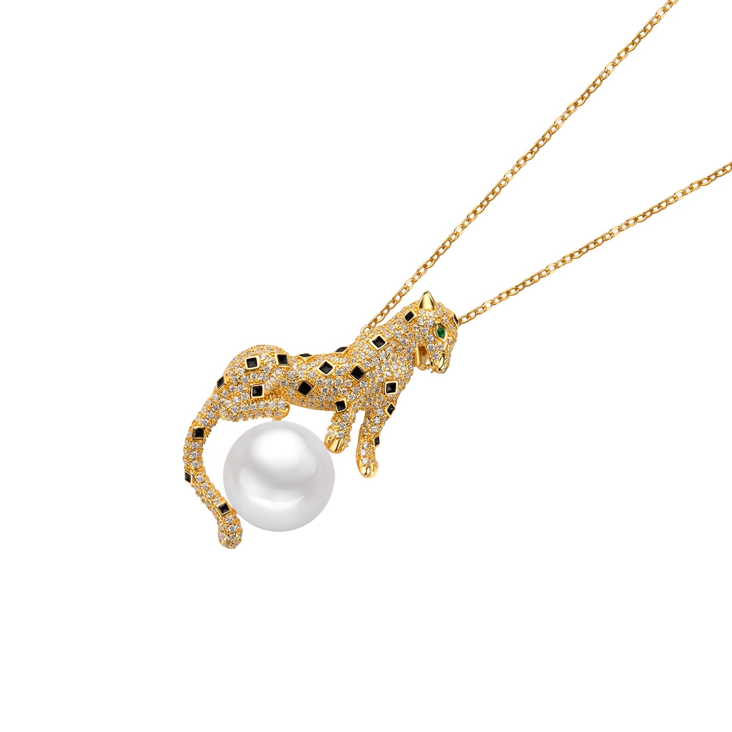 Gold leopard necklace with a pearl on a white background with a side view