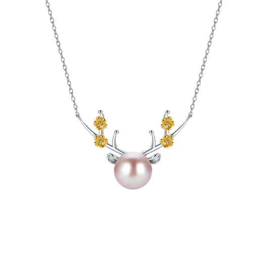 Necklace with a pink pearl and gold accents in deer animal shape on a white background