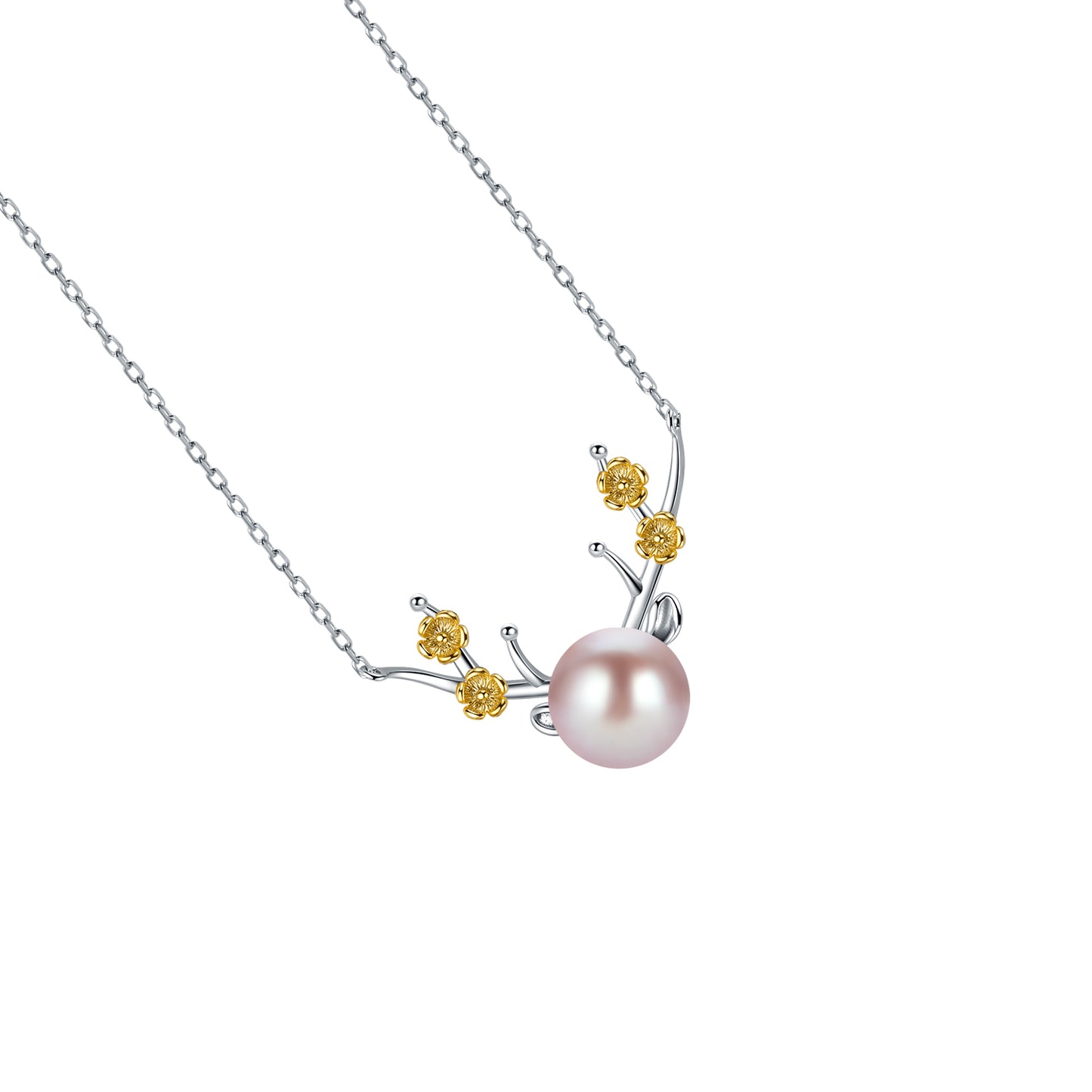 Pearl necklace with gold accents on a white background