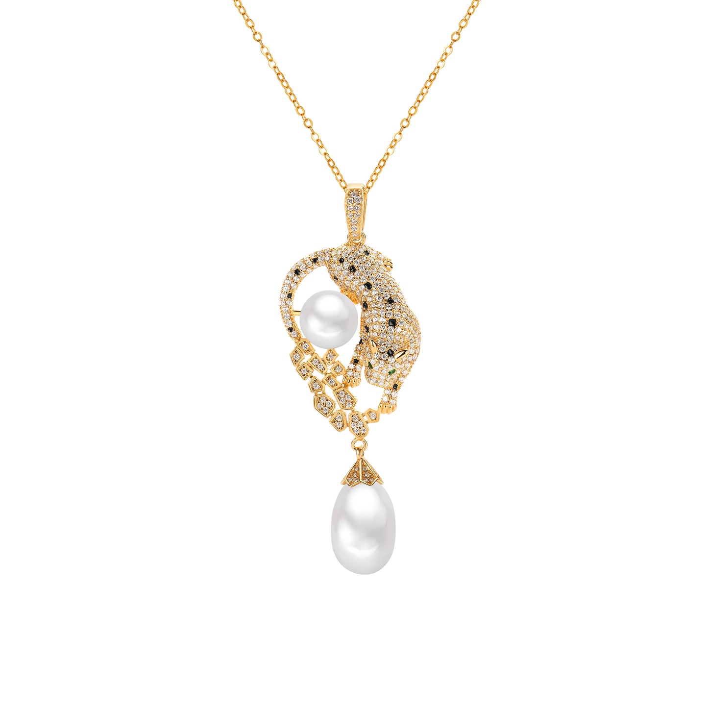 Gold leopard necklace with a pearl pendant on a white background