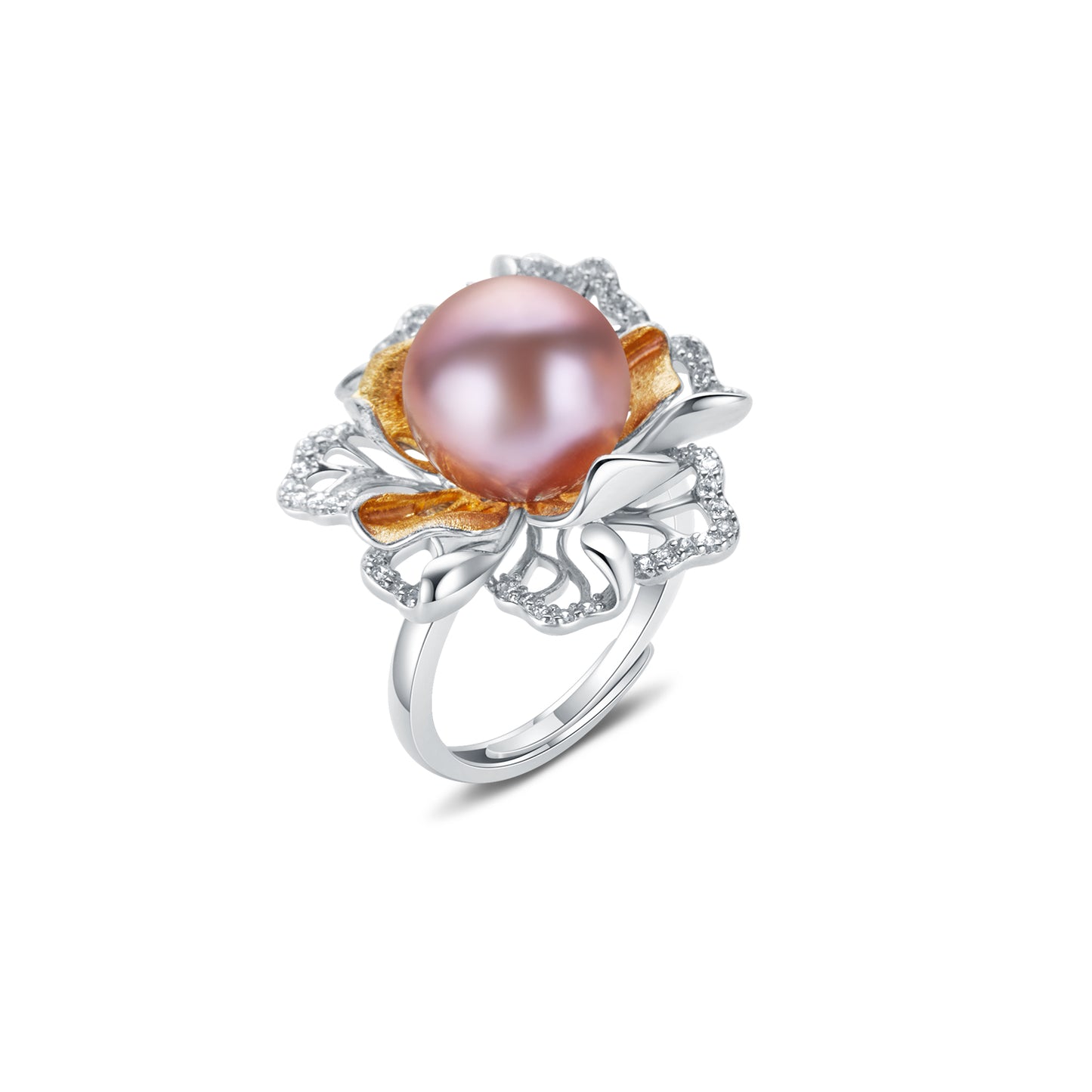 Silver ring with a pink pearl and gold accents on a white background