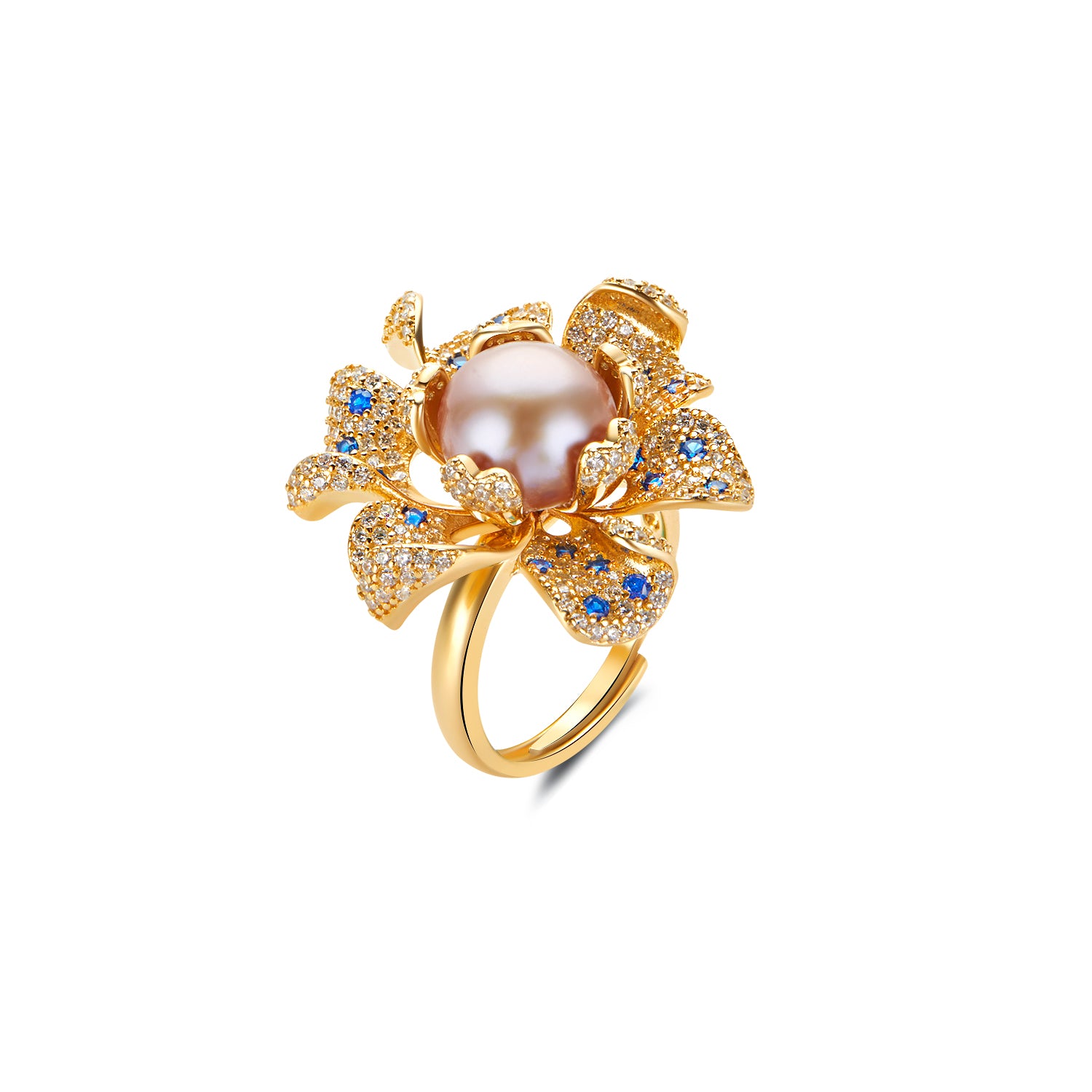 Gold ring with a pearl and blue gemstones on a white background