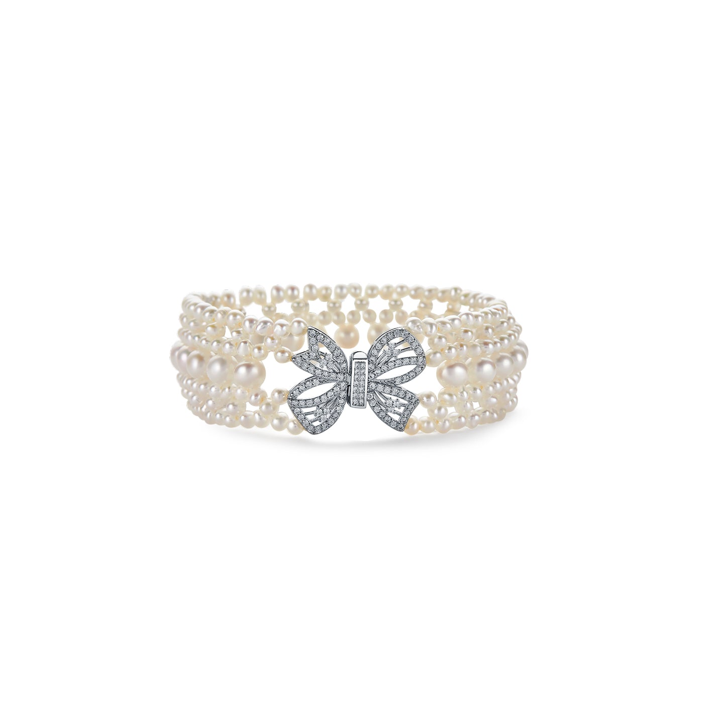 Pearl bracelet with a silver bow clasp on a white background