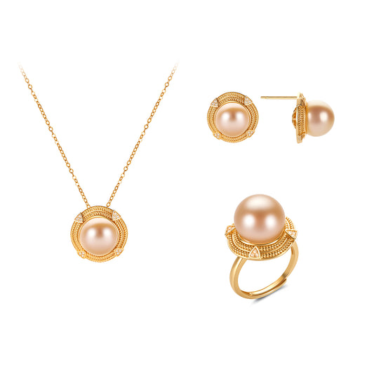 Pearl jewelry set with necklace, ring, and earrings on a white background