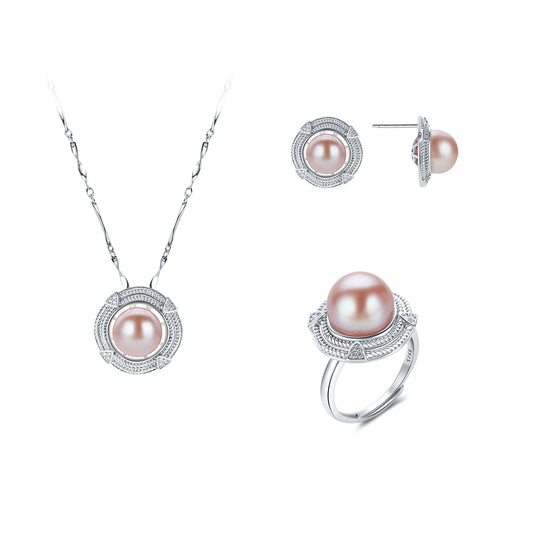 Pearl jewelry set with necklace, ring, and earrings on a white background