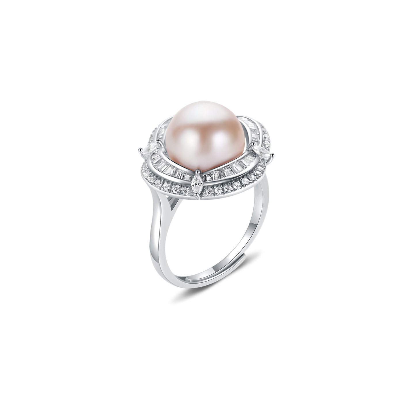 Pearl ring with gemstone accents on a white background