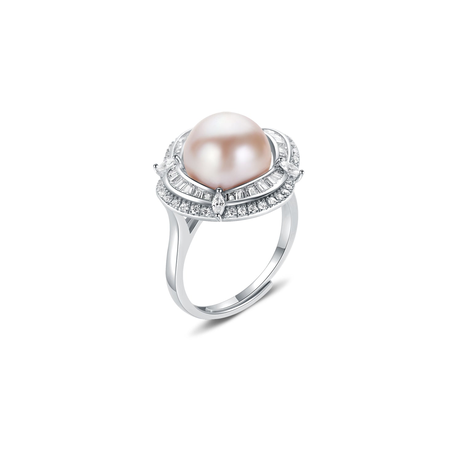 Pearl ring with gemstone accents on a white background
