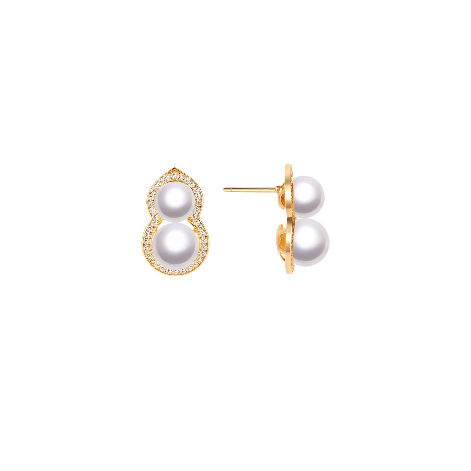 Pair of pearl earrings with gold accents on a white background