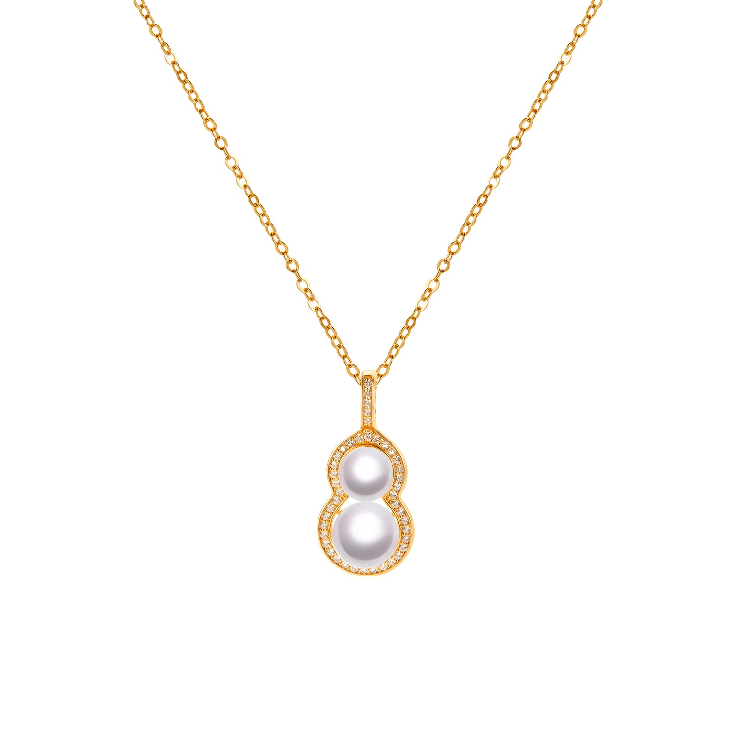 Gold necklace with a pearl pendant on a white background