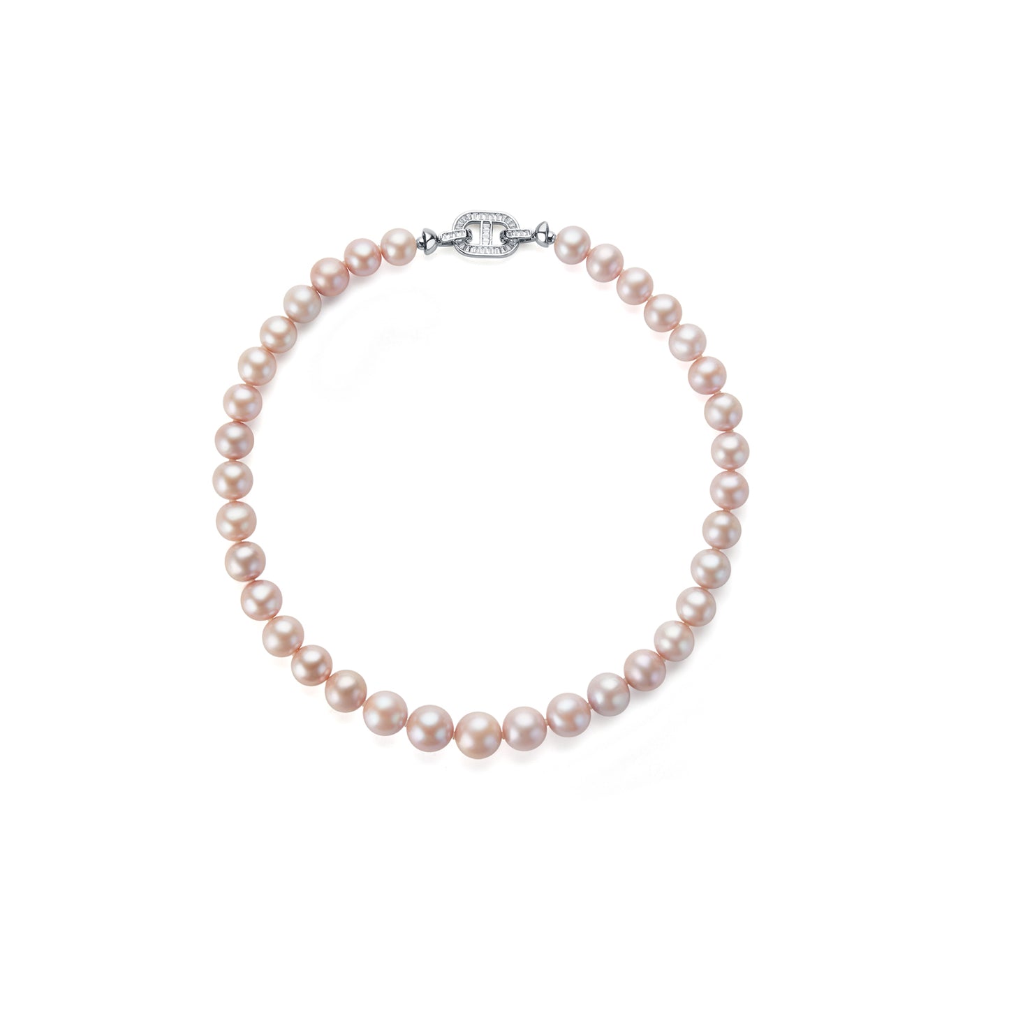 Pearl necklace with silver clasp on a white background