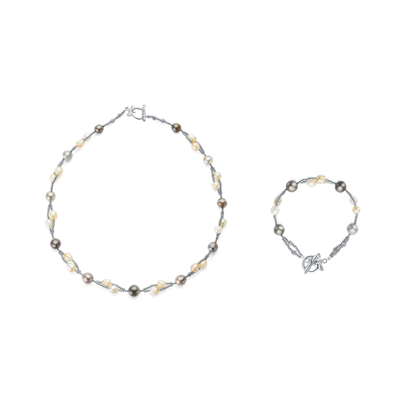 Necklace and bracelet set with pearls and silver accents on a white background